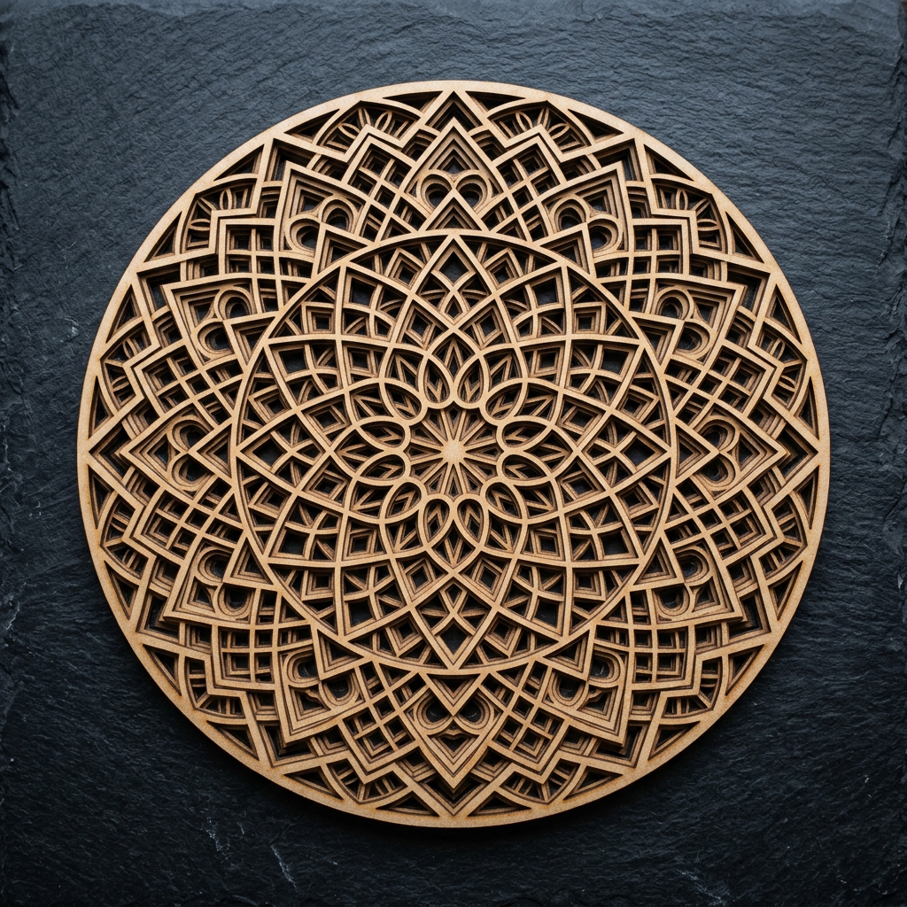 Mandala geométrica cortada a laser em MDF de alta precisão